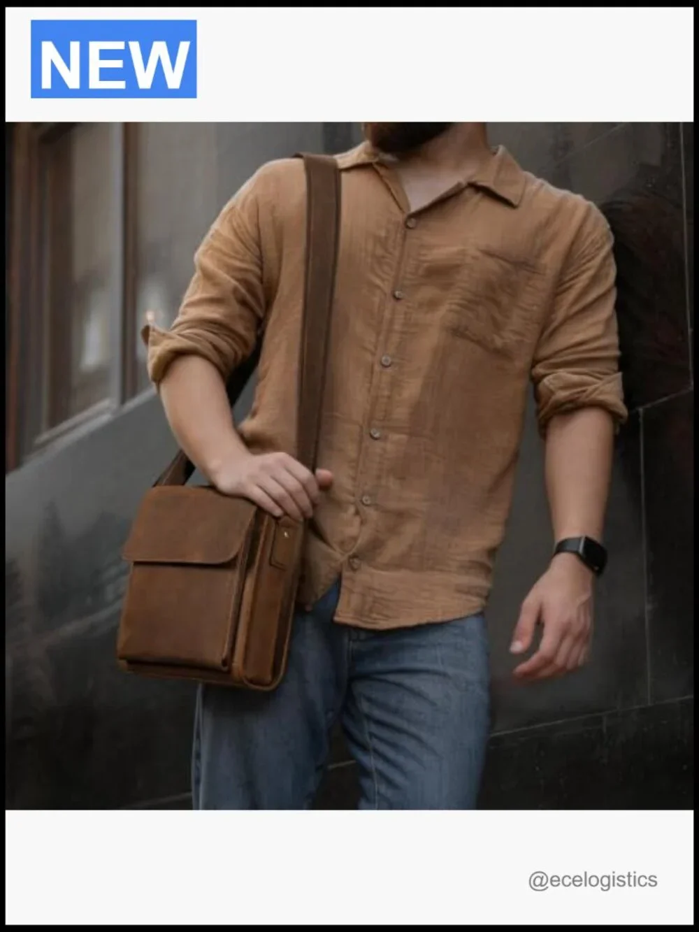 Leather Messenger Crossbody Bag for Men Adjustable Strap YKK Zipper